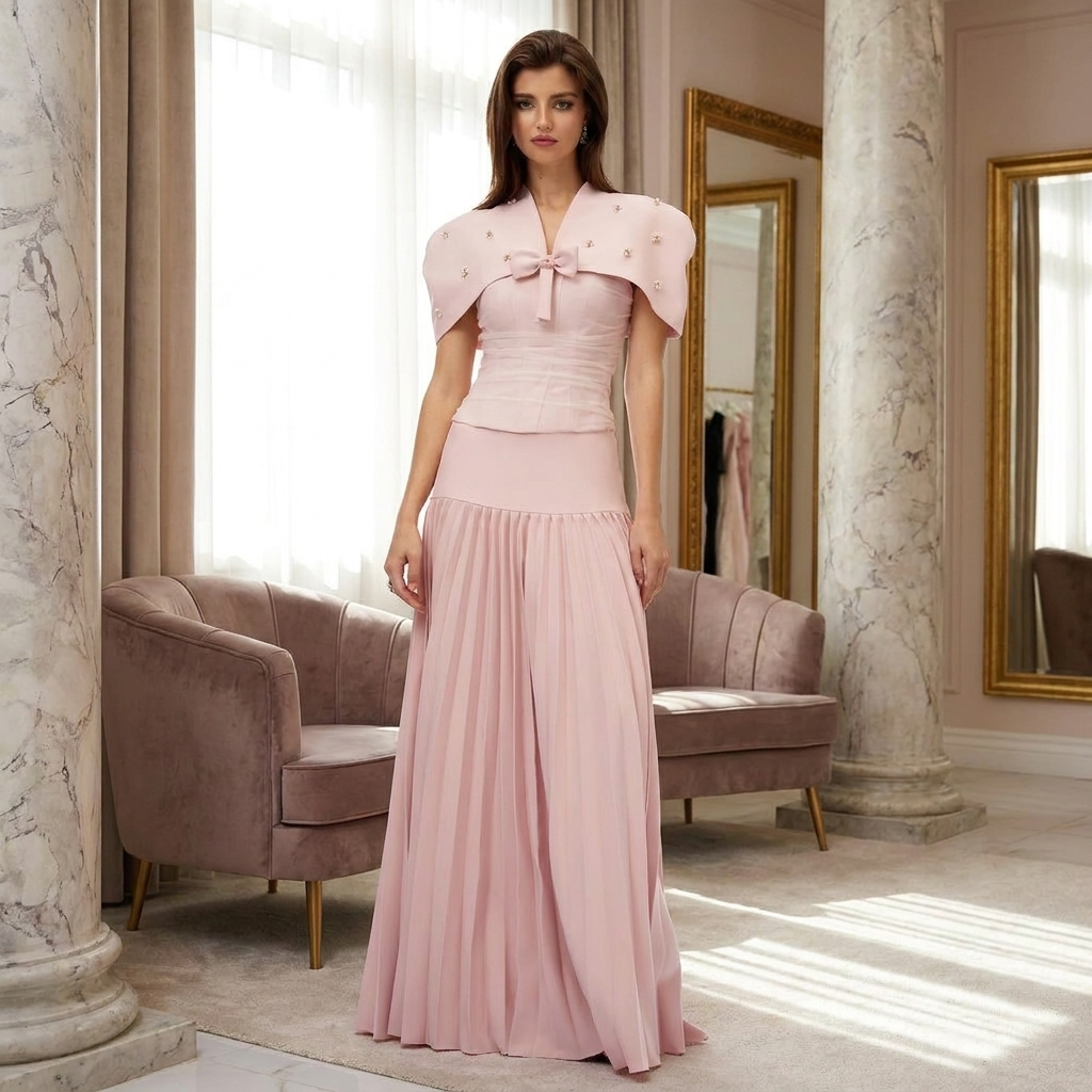 Pink corset three-piece set with short cape sleeves and long pleated skirt