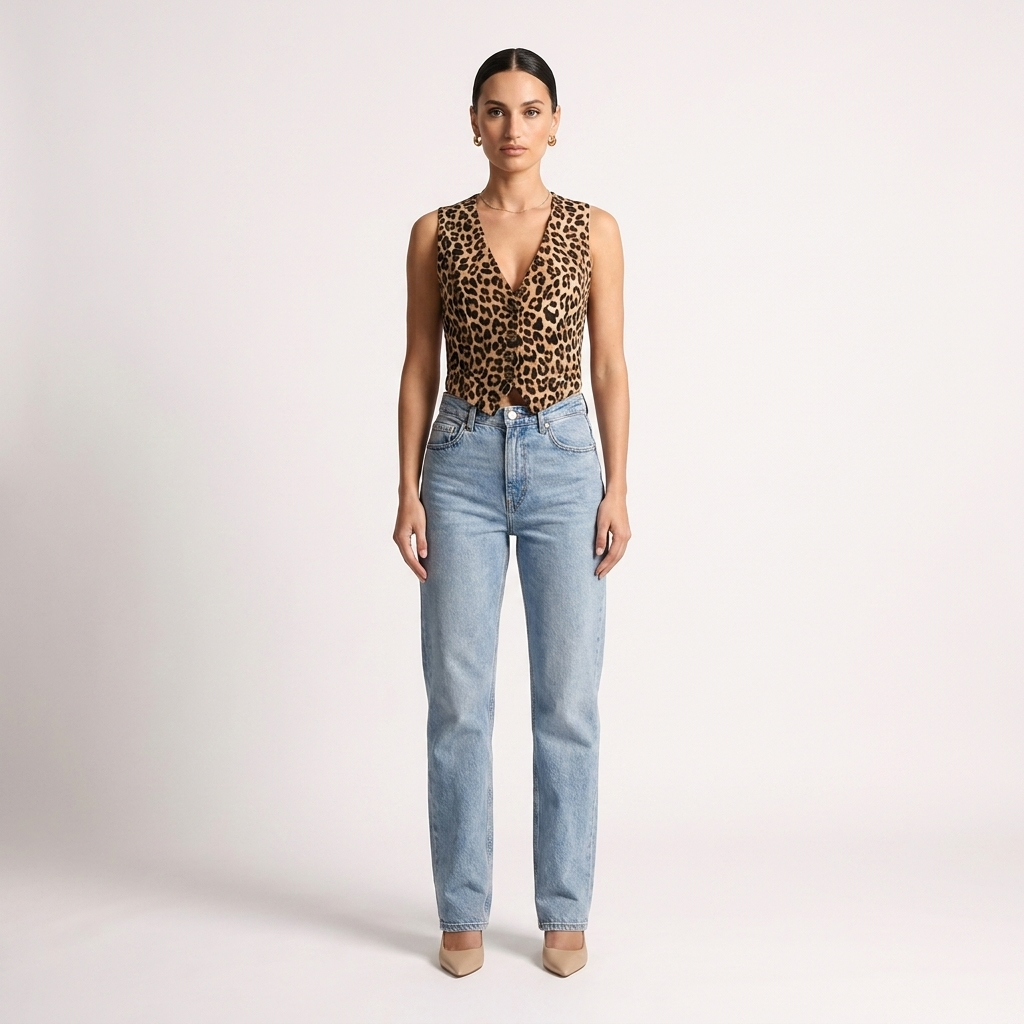Leopard print V-neck vest worn by model, sleeveless button front.
