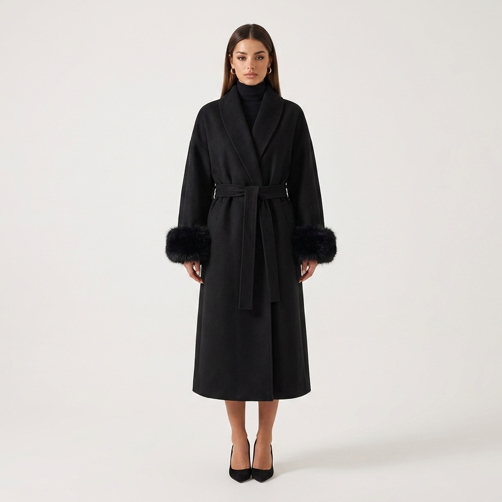 Black long wool coat with faux fur cuffs and waist tie belt