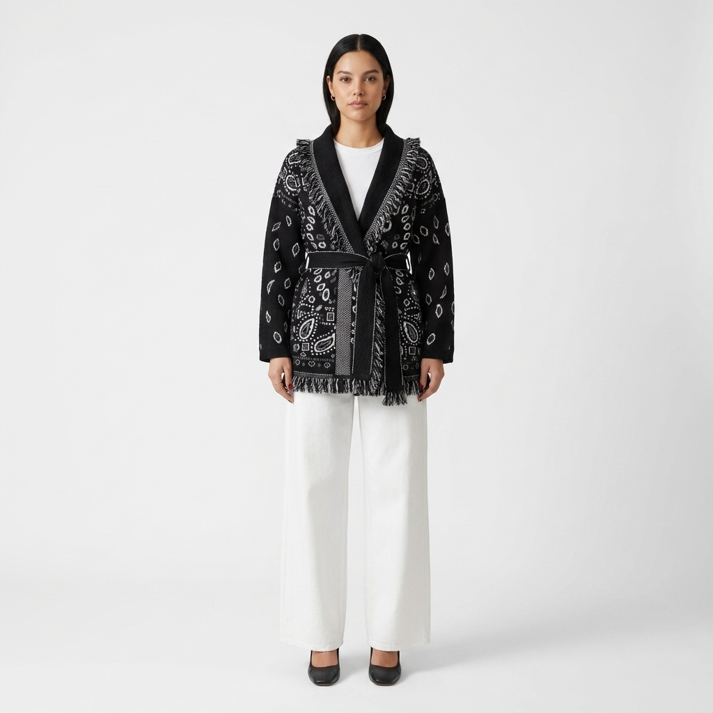Black jacquard knit V-neck cardigan with white motif, tassel trim and tie belt