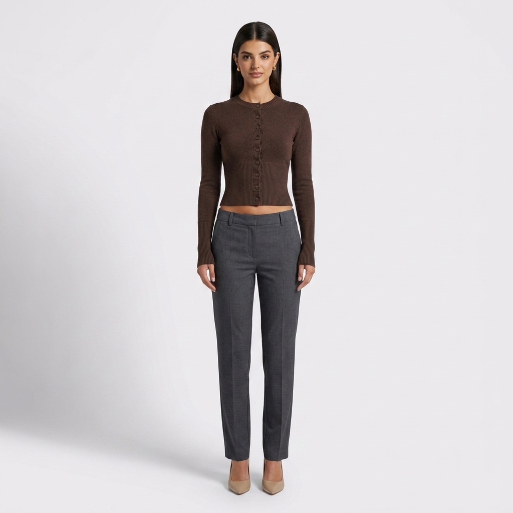 Brown ribbed cropped knit top with button-front placket and long sleeves