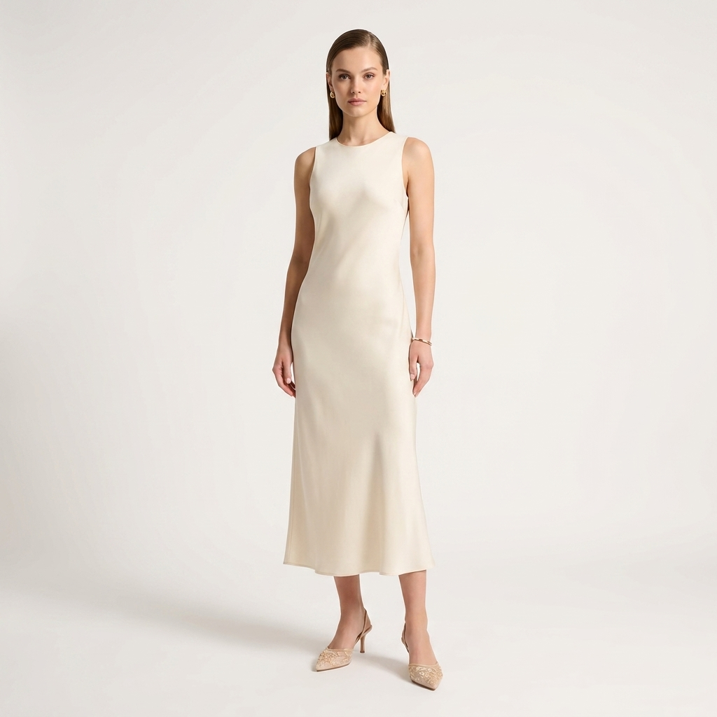 Cream sleeveless midi dress, fitted sheath silhouette, crew neckline