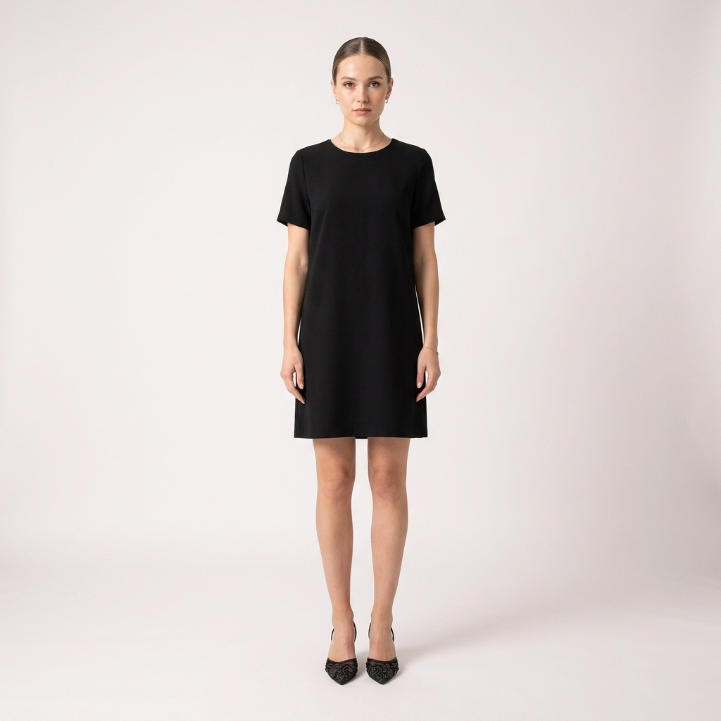 Black short-sleeve shift dress, knee length, crew neckline