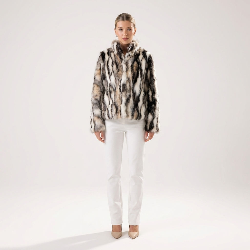 Animal print faux fur statement coat with stand collar, long sleeves, black-and-cream