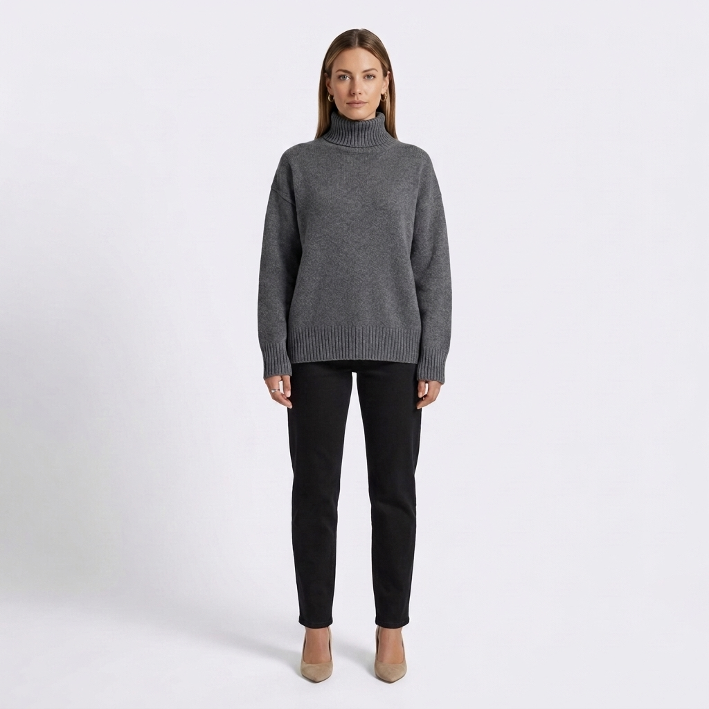 Oversized turtleneck knit jumper, dark gray, ribbed turtleneck and cuffs, long sleeves.