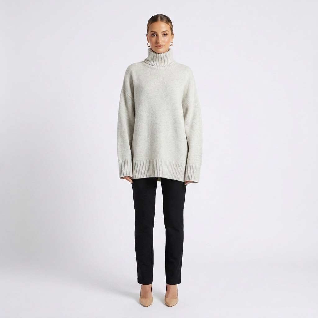 Oversized turtleneck knit jumper, light gray, ribbed turtleneck and cuffs, long sleeves.
