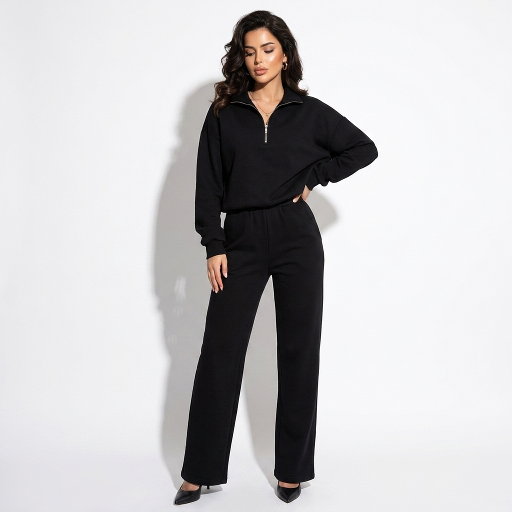 Black collared half-zip sweatshirt with wide-leg matching trousers co-ord set