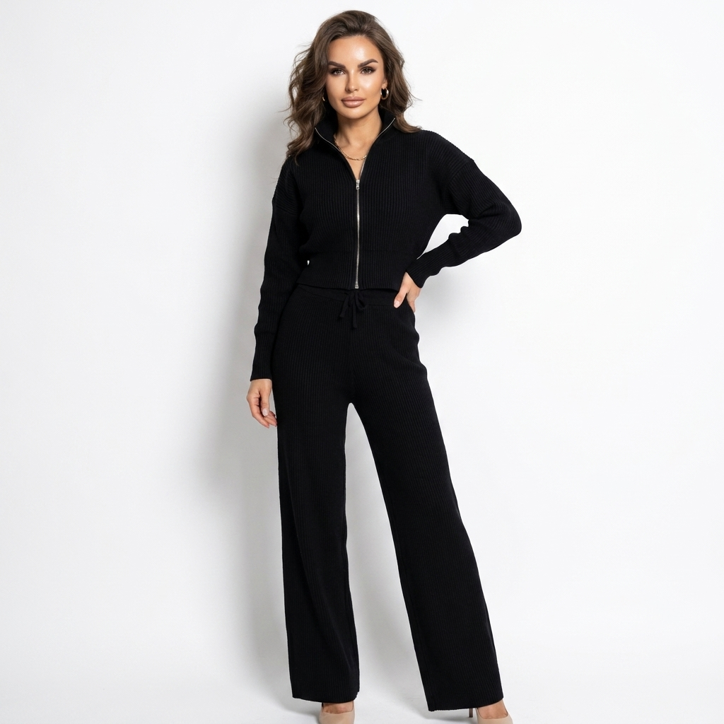 Ribbed zip-up cardigan and wide-leg trousers set, black knit with drawstring waist.