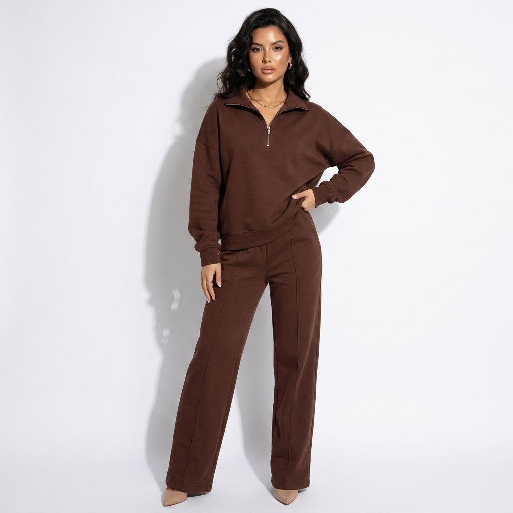 Brown collared half-zip sweatshirt with wide-leg matching trousers co-ord set