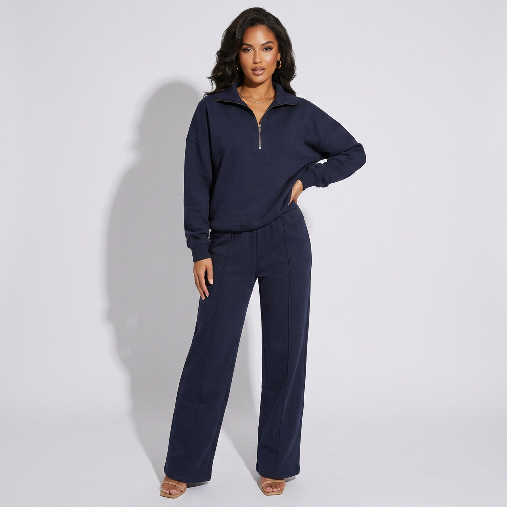 Navy collared half-zip sweatshirt with wide-leg matching trousers co-ord set