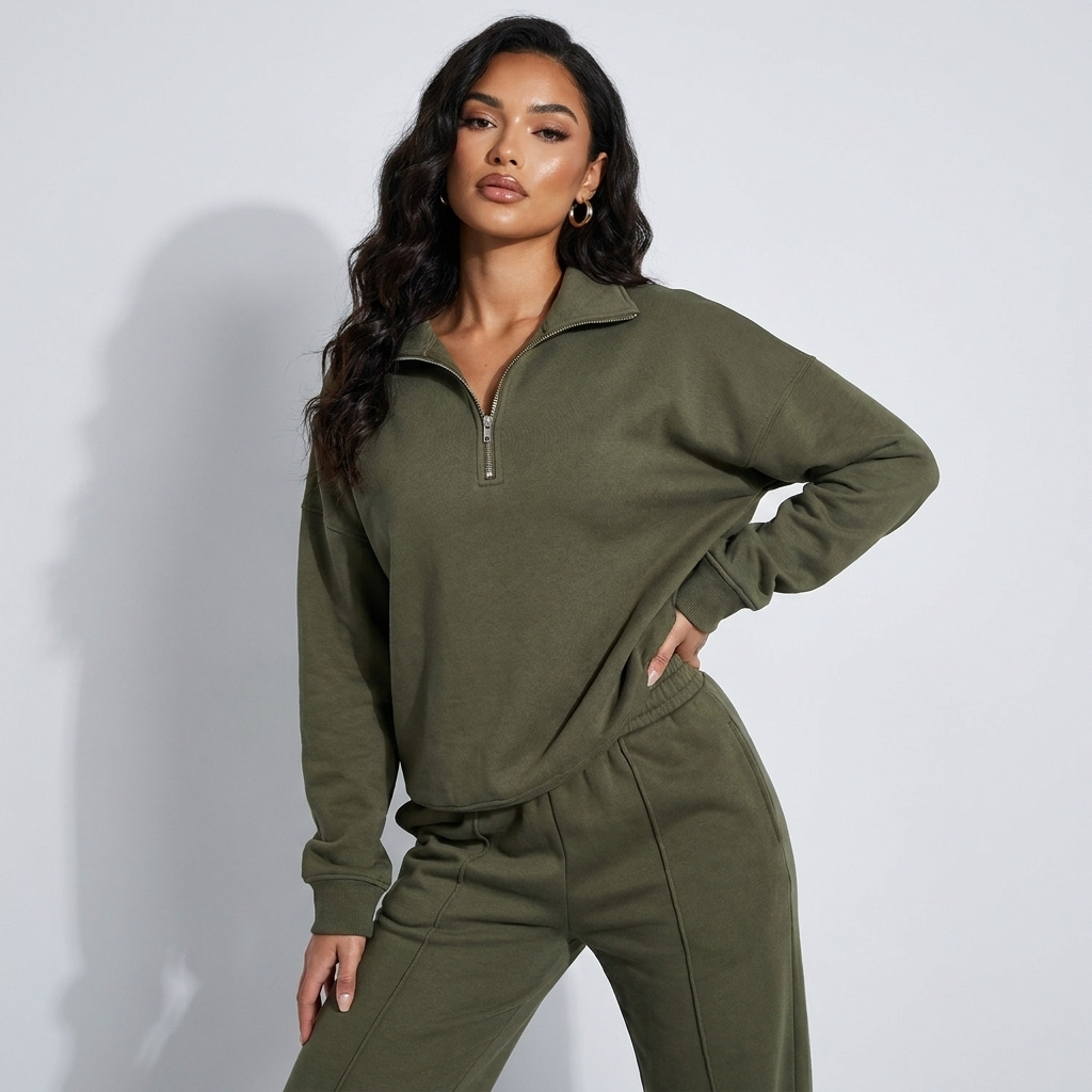 Green collared half-zip sweatshirt with wide-leg matching trousers co-ord set
