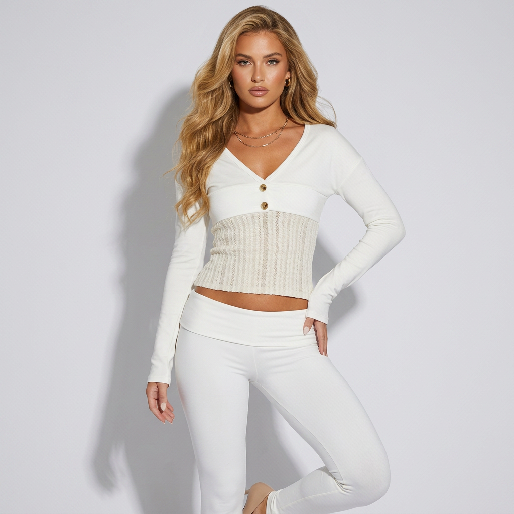 White long-sleeve V-neck crop top with button front and textured center panel, slim fit