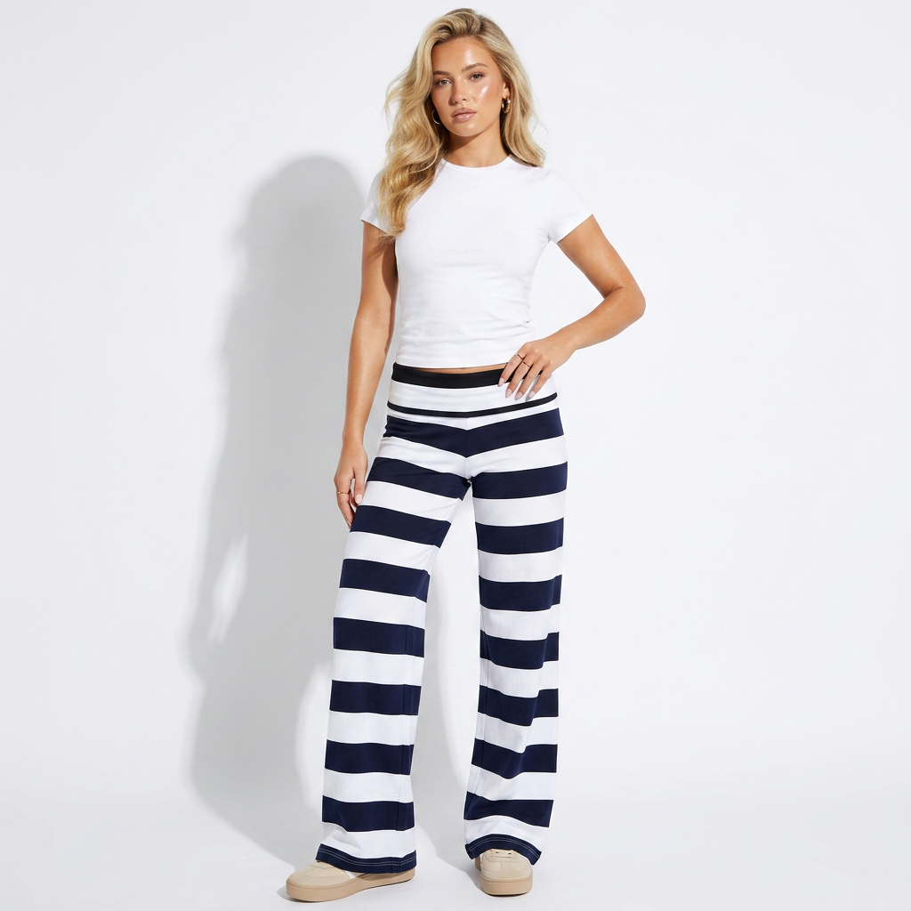 Navy and white striped wide-leg lounge trousers, flared full length