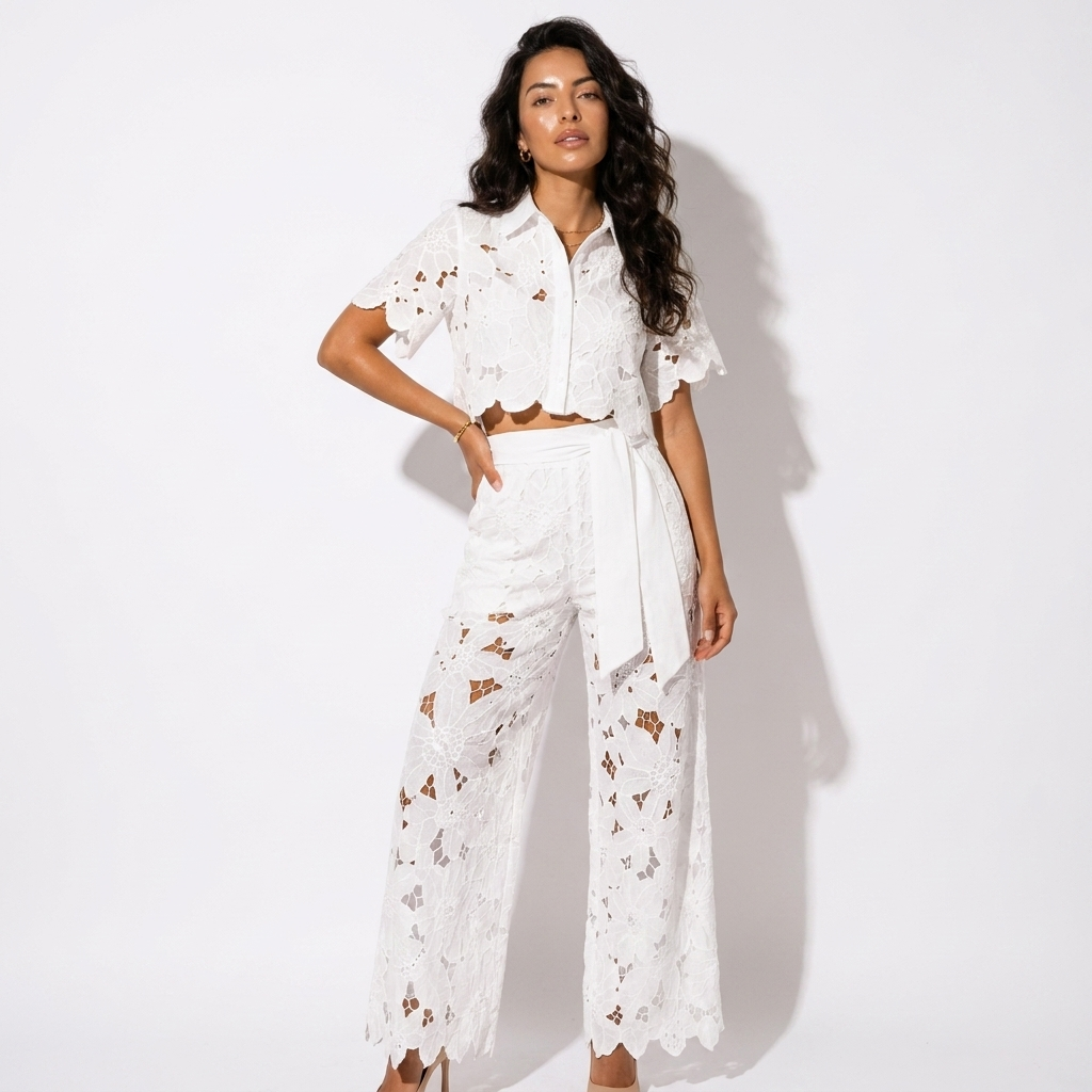 White lace two-piece set with short-sleeve cropped top and wide-leg pants
