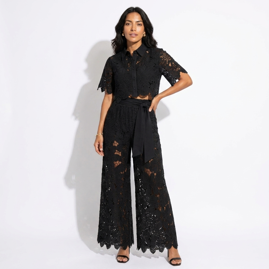 Black lace two-piece set with short-sleeve top and wide-leg pants
