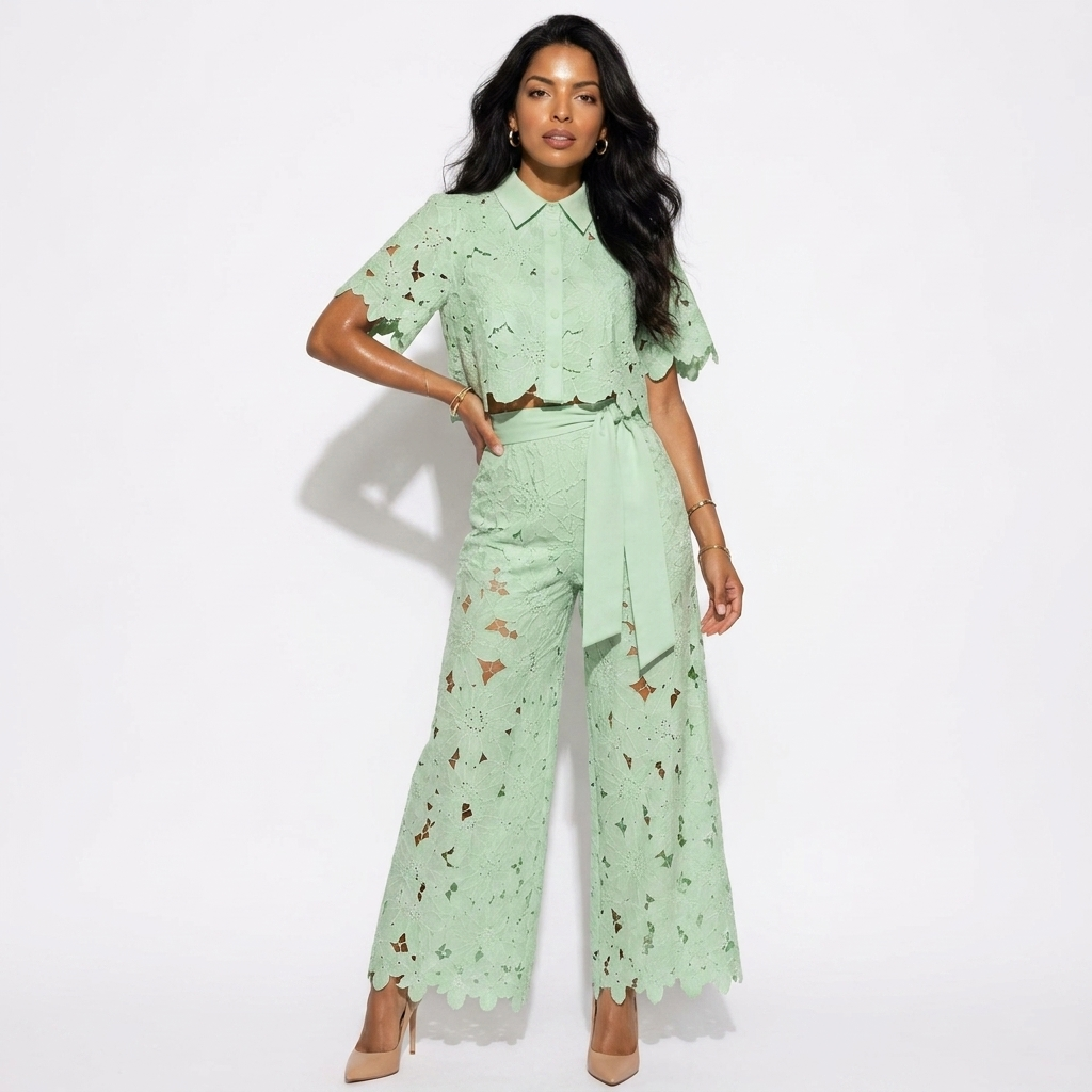 Green lace two-piece set with short-sleeve top and wide-leg pants