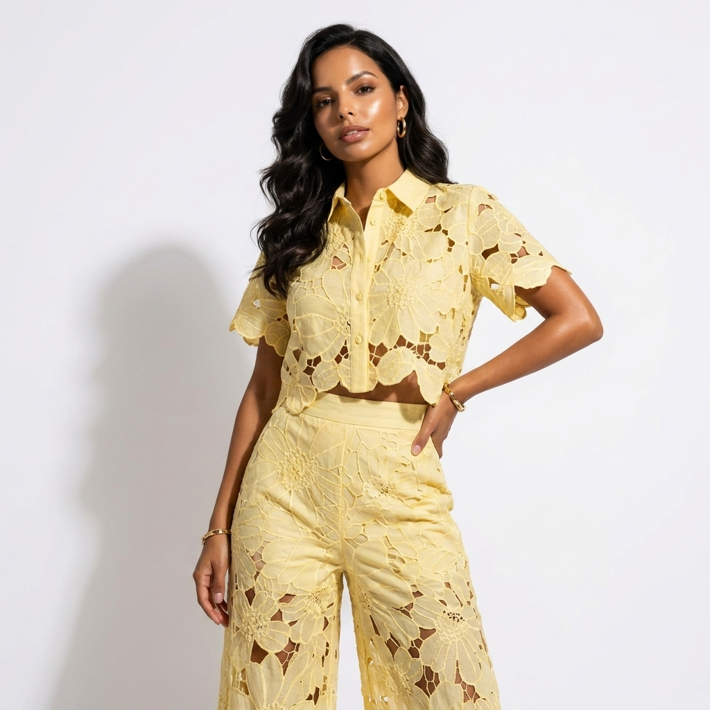 Yellow lace two-piece set with short-sleeve button-front top and wide-leg pants