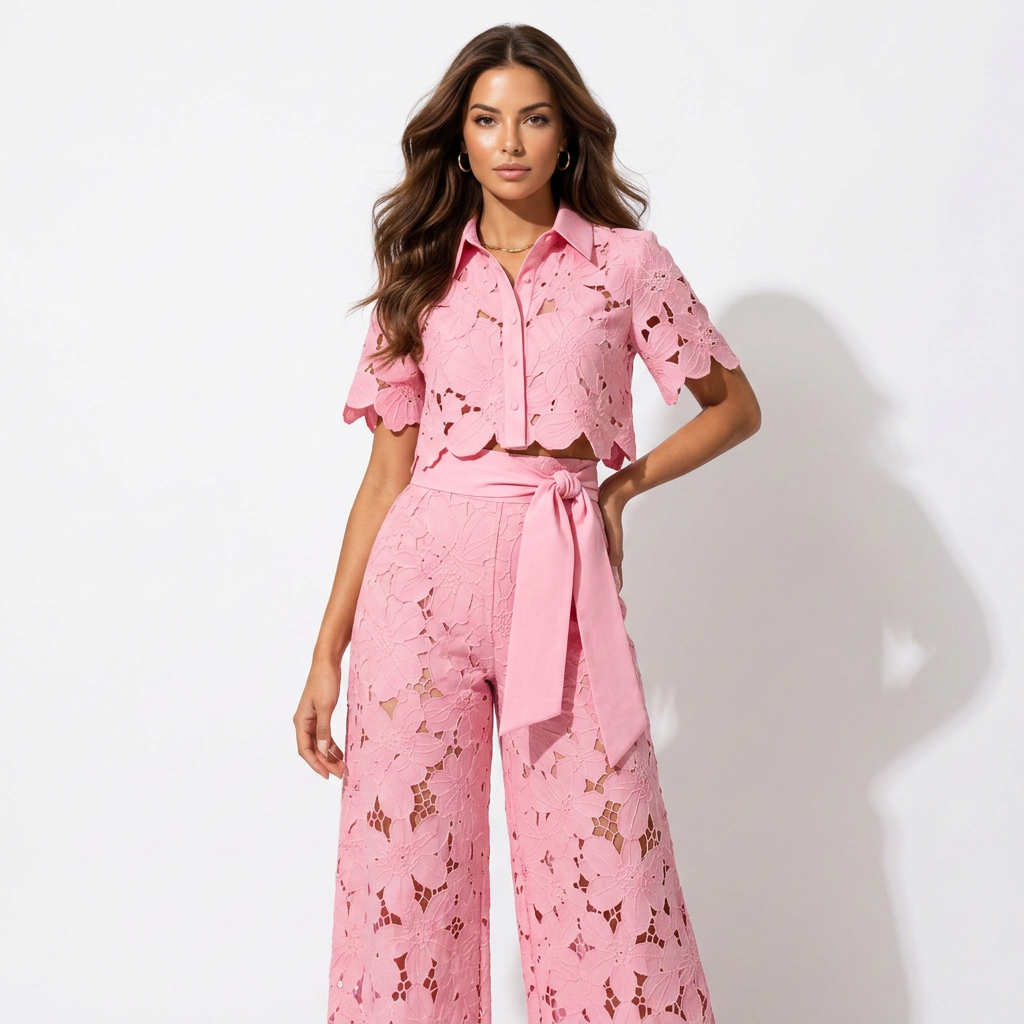 Pink lace two-piece set with short-sleeve button-front top and wide-leg pants