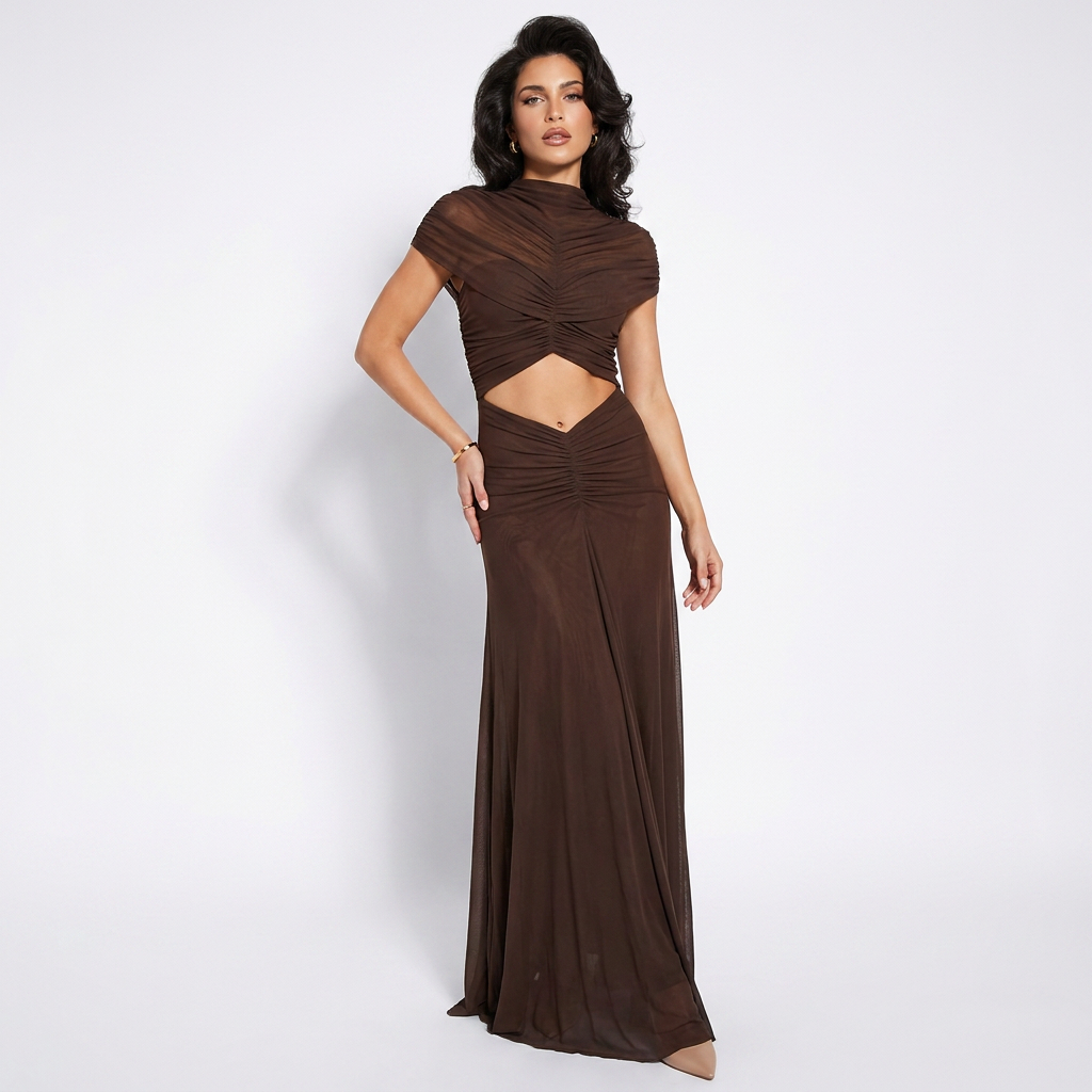 Coffee brown hollow-out ruched bodycon maxi dress with short sleeves and cutout waist