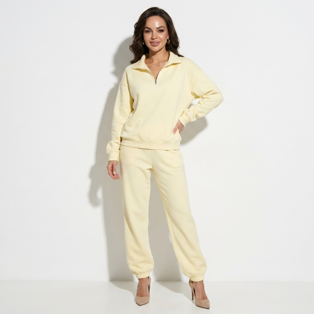 Yellow zip-up half-collar sweatshirt with matching wide-leg jogger set