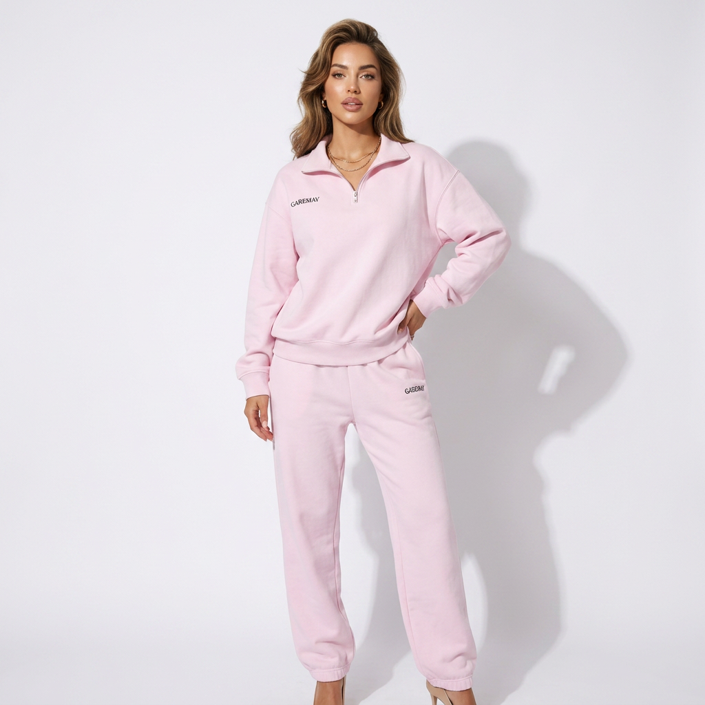 Pink zip-up half-collar sweatshirt with matching wide-leg jogger set