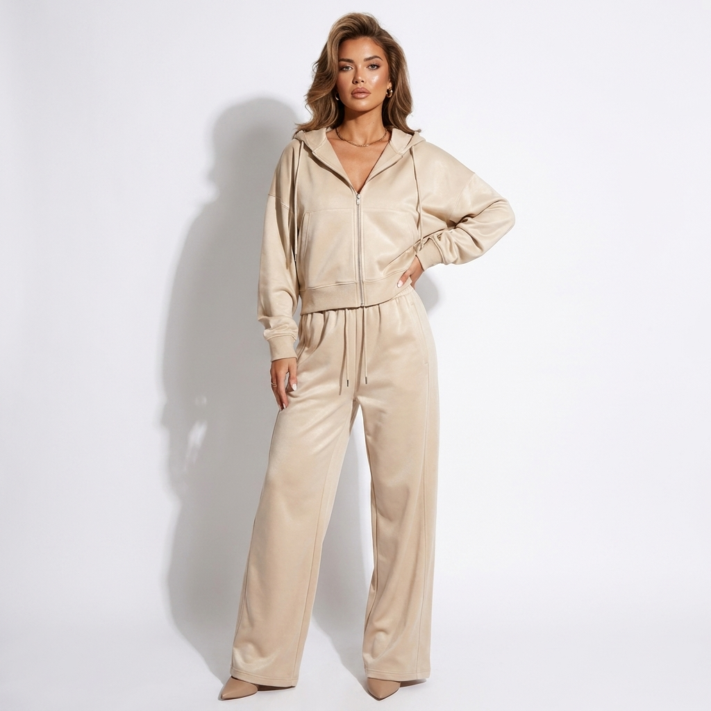 Beige zip-up hoodie and wide-leg jogger set with hood and drawstring waist.