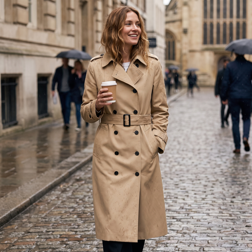 Women's beige belted double-breasted long trench coat with notched lapels and buttoned cuffs