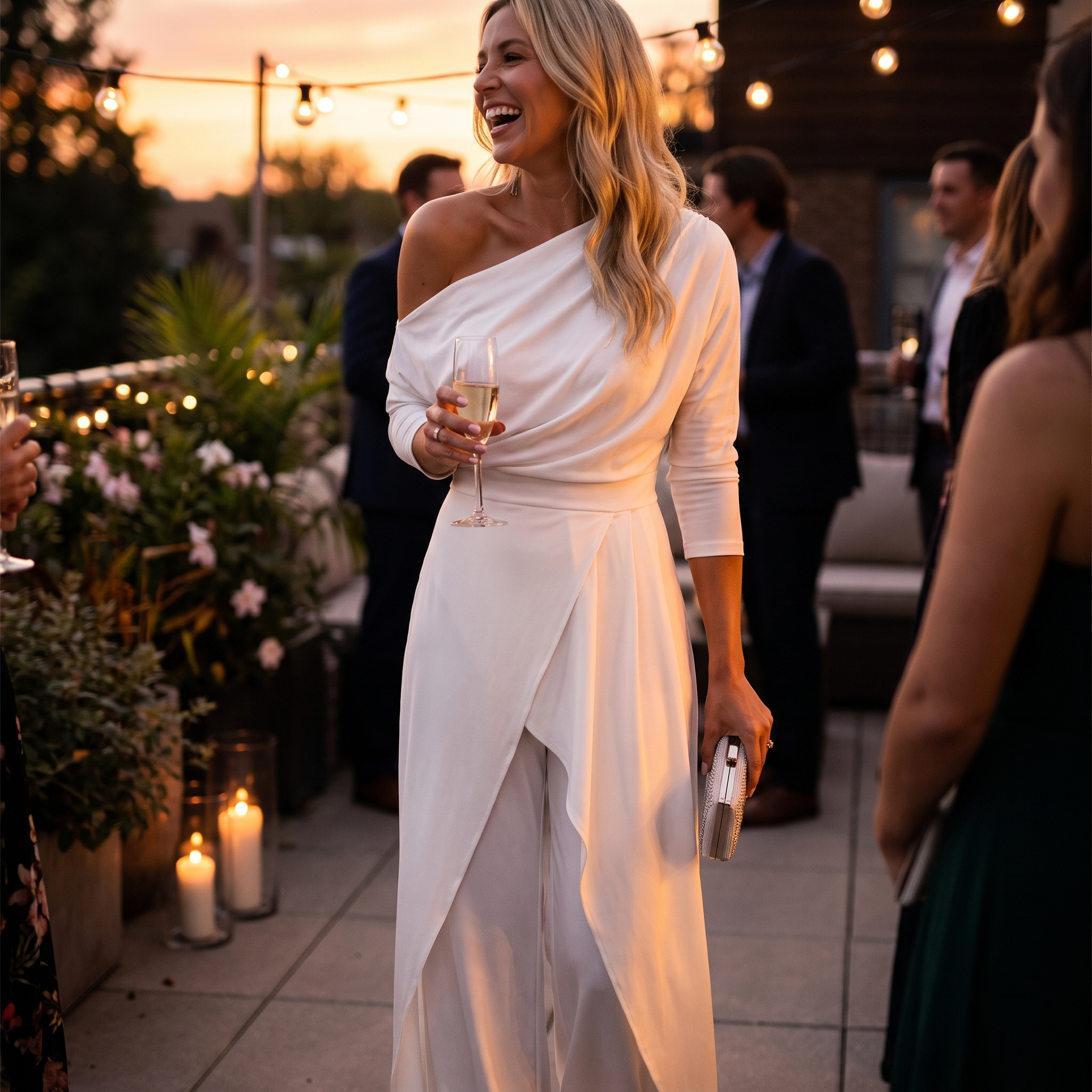 White one-shoulder draped wide-leg jumpsuit with sash wrap waist and long sleeves
