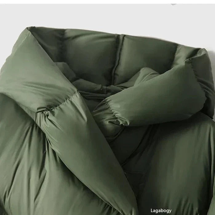Green down puffer coat hood with front overlap and stitched chevron quilting