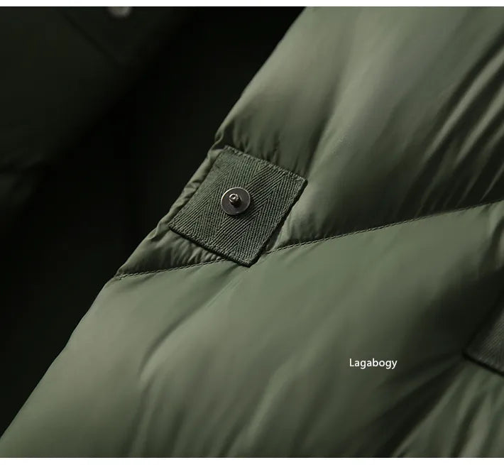 Green down puffer coat sleeve tab with snap closure