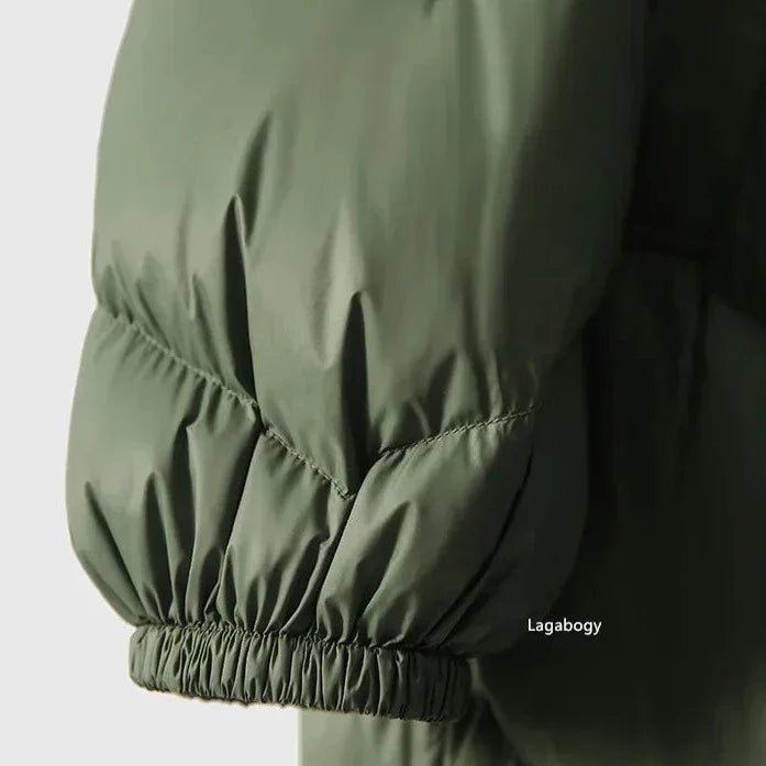 Green down puffer coat elastic cuff at sleeve hem