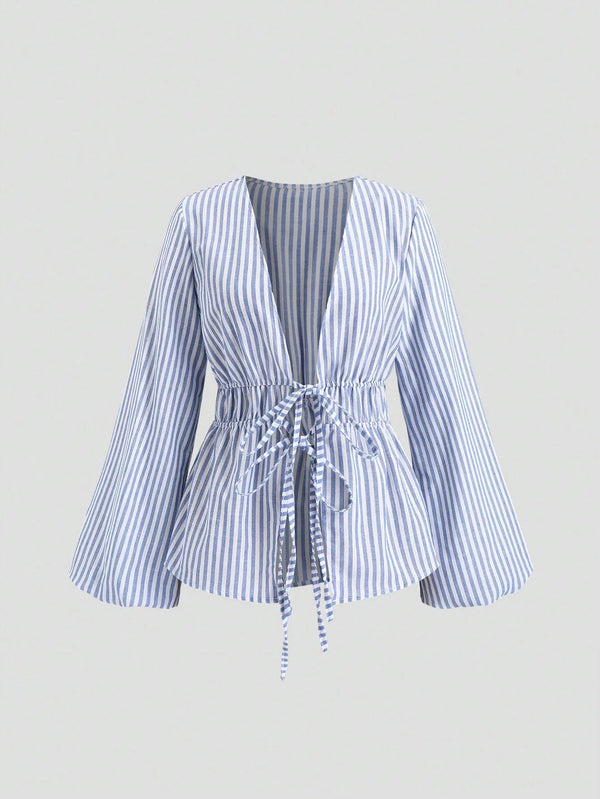 Striped Bow Puff Sleeve Shirt