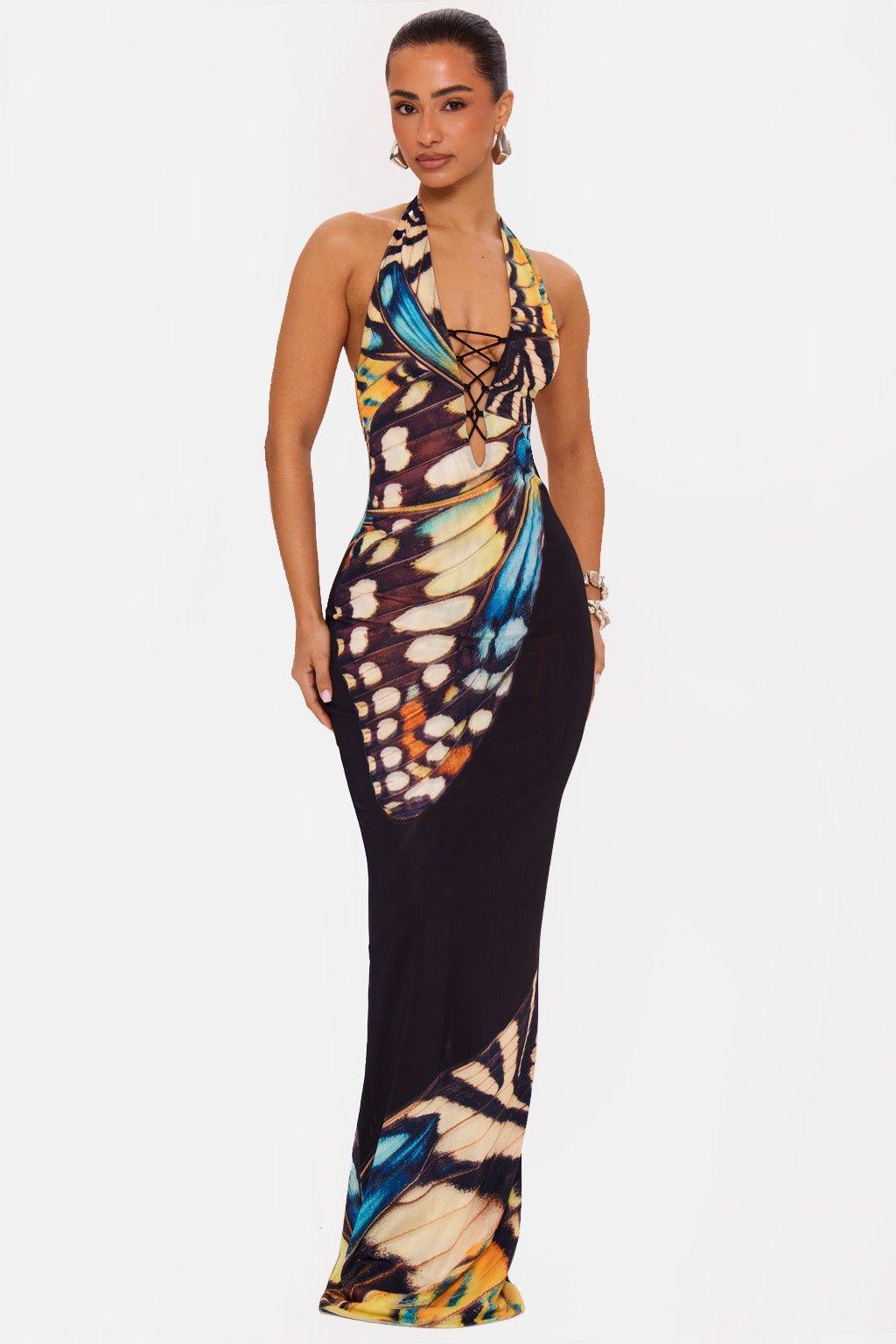 Midnight Butterfly Halter Maxi Dress