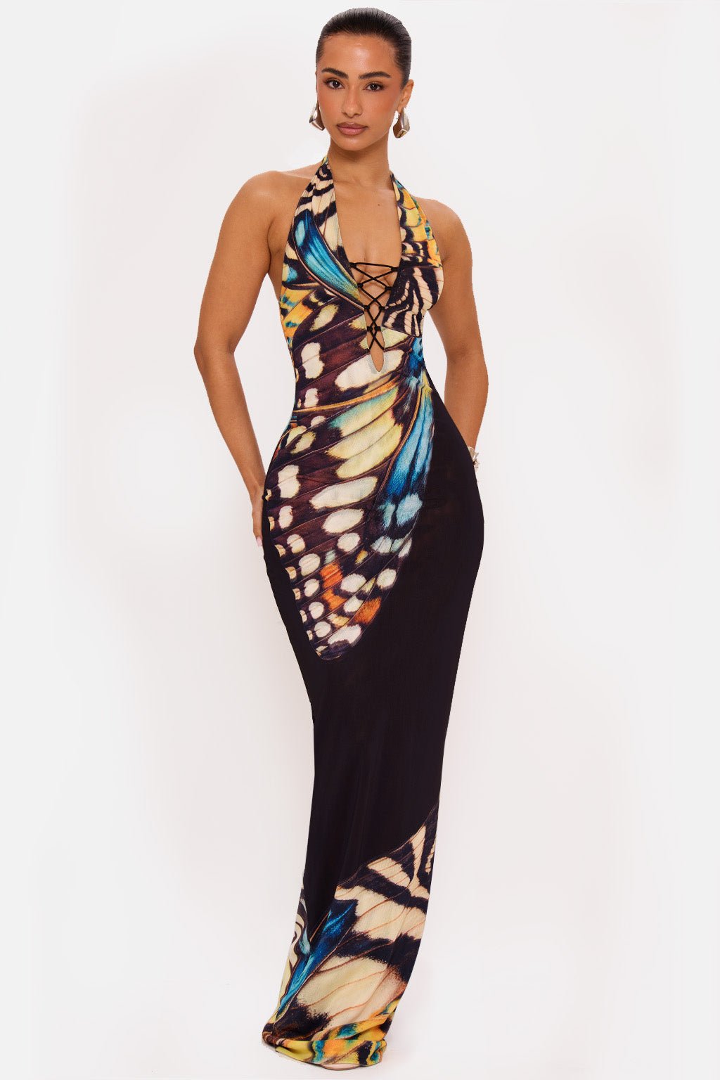Midnight Butterfly Halter Maxi Dress