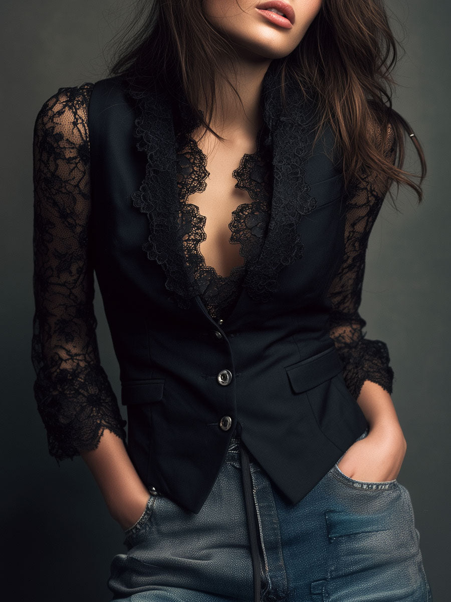 Seweryna Elegant Lace Trim Shirt
