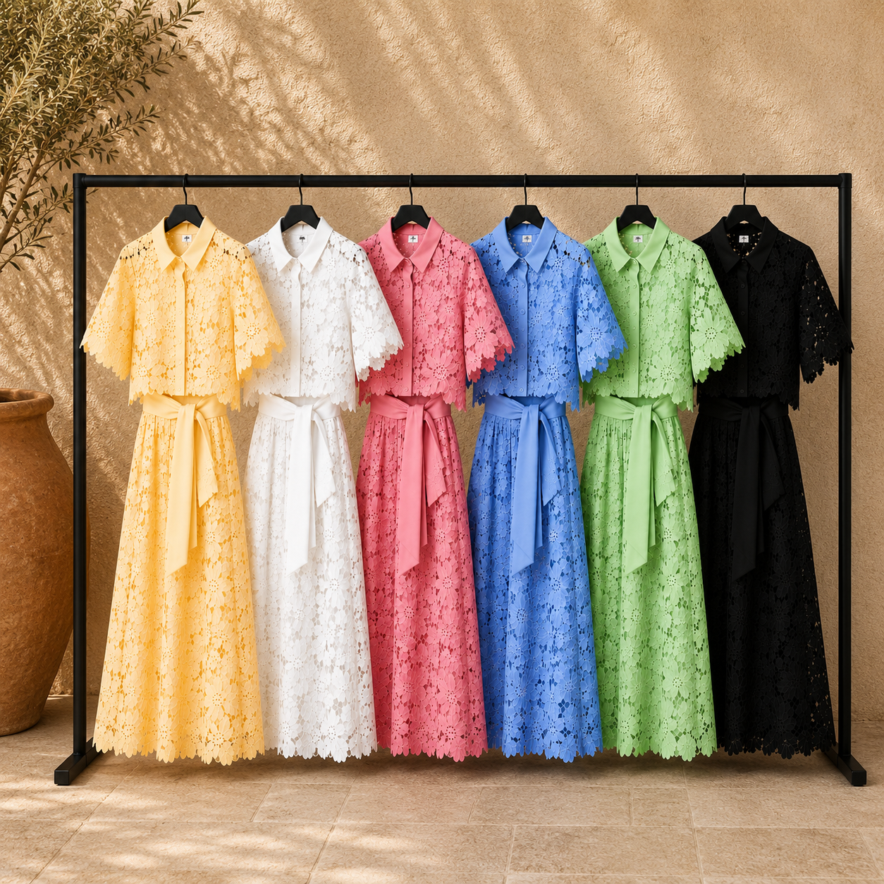 Color options of lace two-piece sets on hangers: yellow, white, pink, blue, green, black.