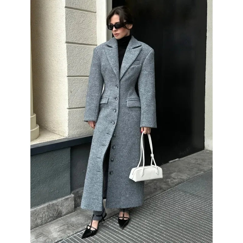 Elegant Waist-Cinching Wool Overcoat