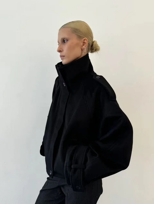 Women’s high-neck wool blend jacket, black, side view with buttoned front