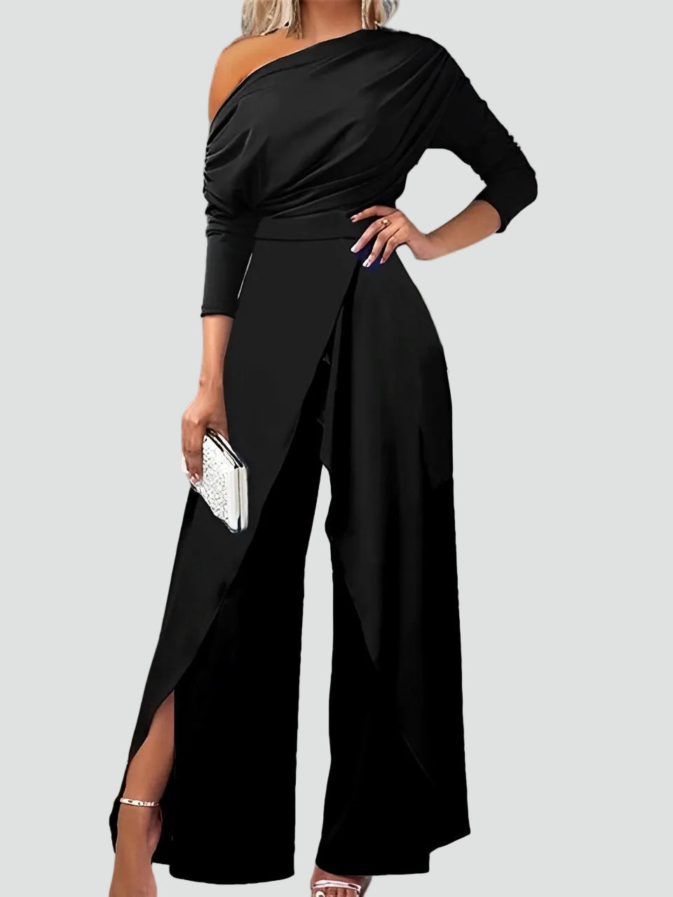 Black one-shoulder draped wide-leg jumpsuit with long sleeves and wrap waist