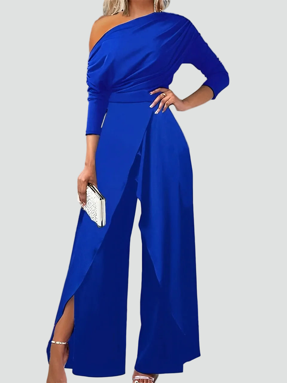 Blue one-shoulder draped wide-leg jumpsuit with long sleeves and wrap waist