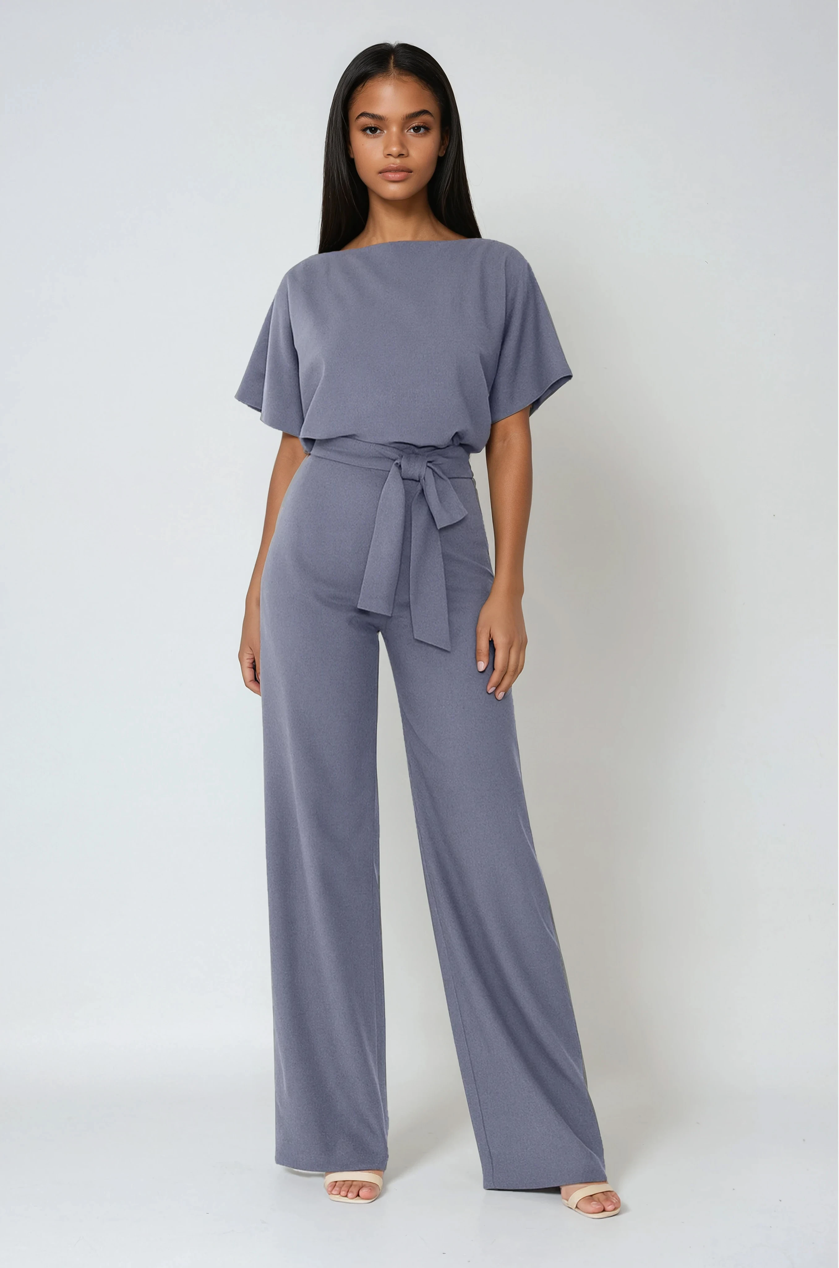 Women's wide-leg waist-tie jumpsuit in light blue, short sleeves and wide trousers
