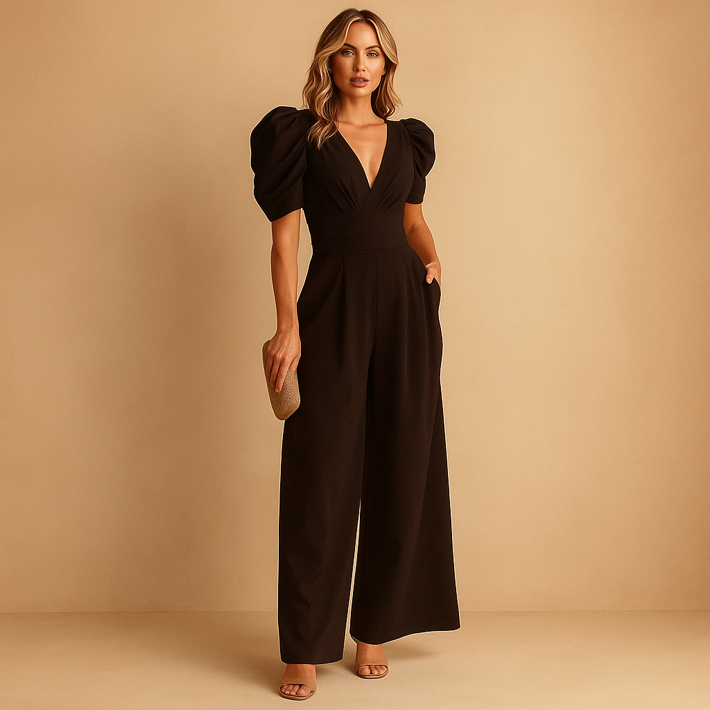 Black puff-sleeve V-neck tailored wide-leg jumpsuit