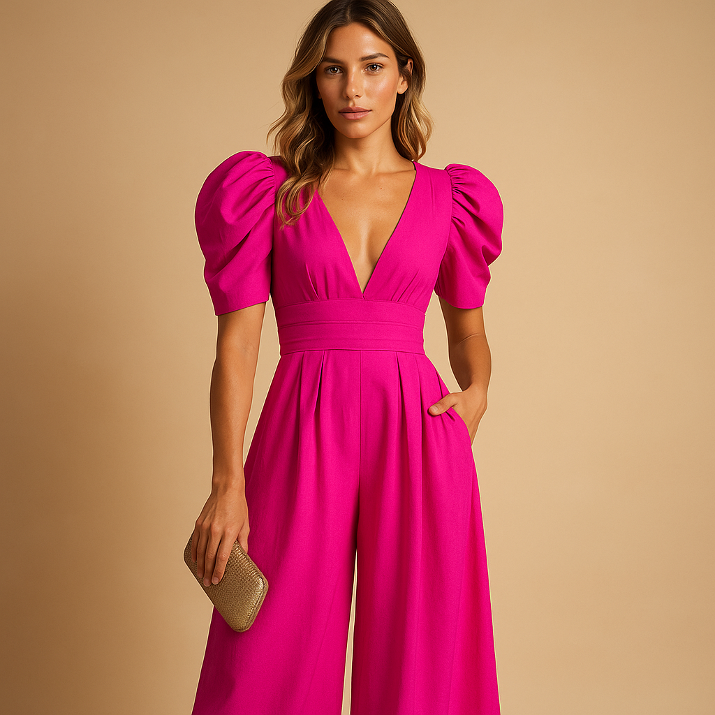 Rose red puff-sleeve V-neck tailored wide-leg jumpsuit with waist shaping