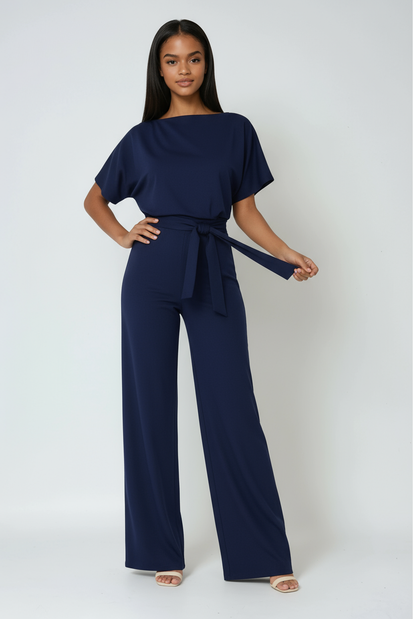Women's wide-leg waist-tie jumpsuit in dark blue, short sleeves with waist tie