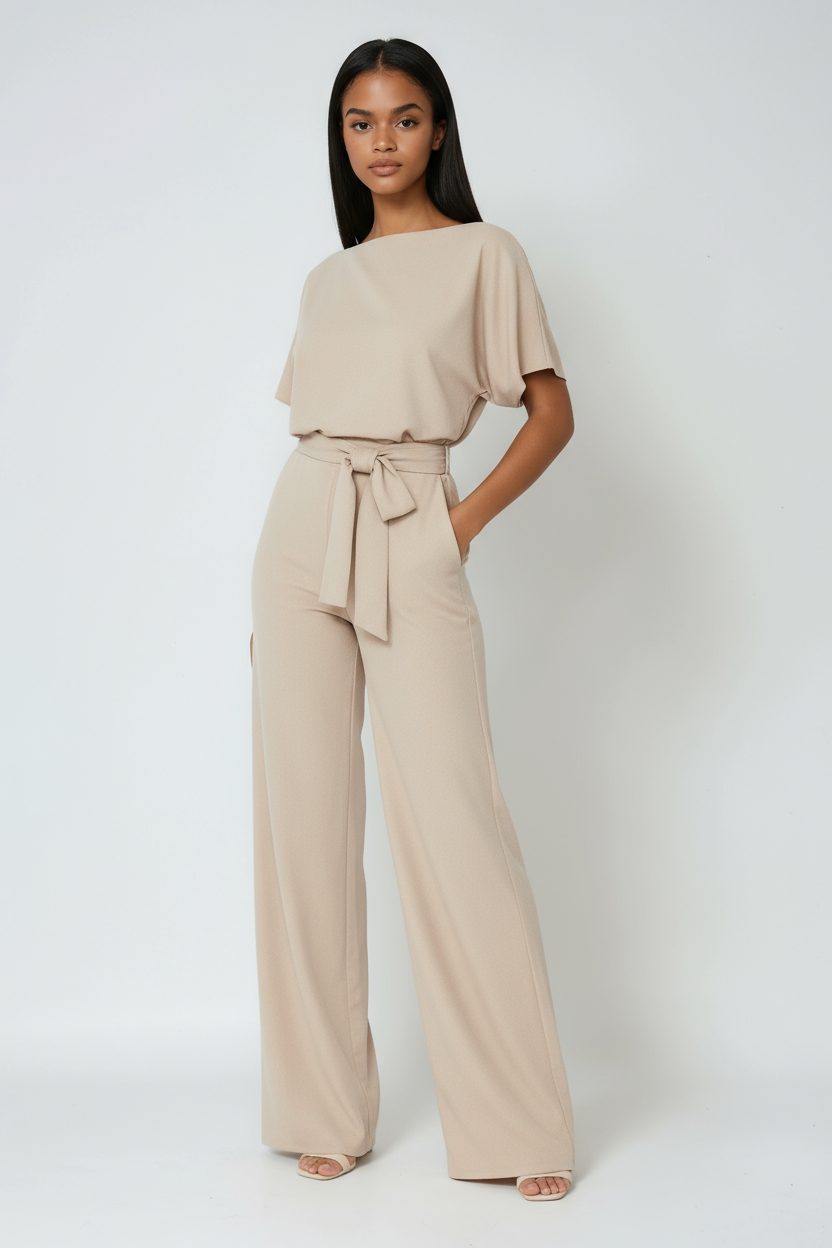 Women's wide-leg waist-tie jumpsuit in beige, short sleeves and wide-leg pants