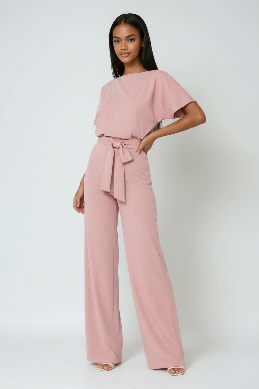 Women's wide-leg waist-tie jumpsuit in blush pink, short sleeves with tied waist