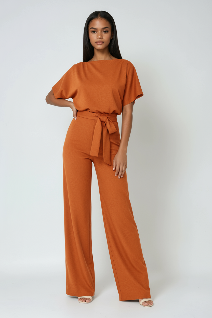 Women's wide-leg waist-tie jumpsuit in orange, short sleeves with tied waist
