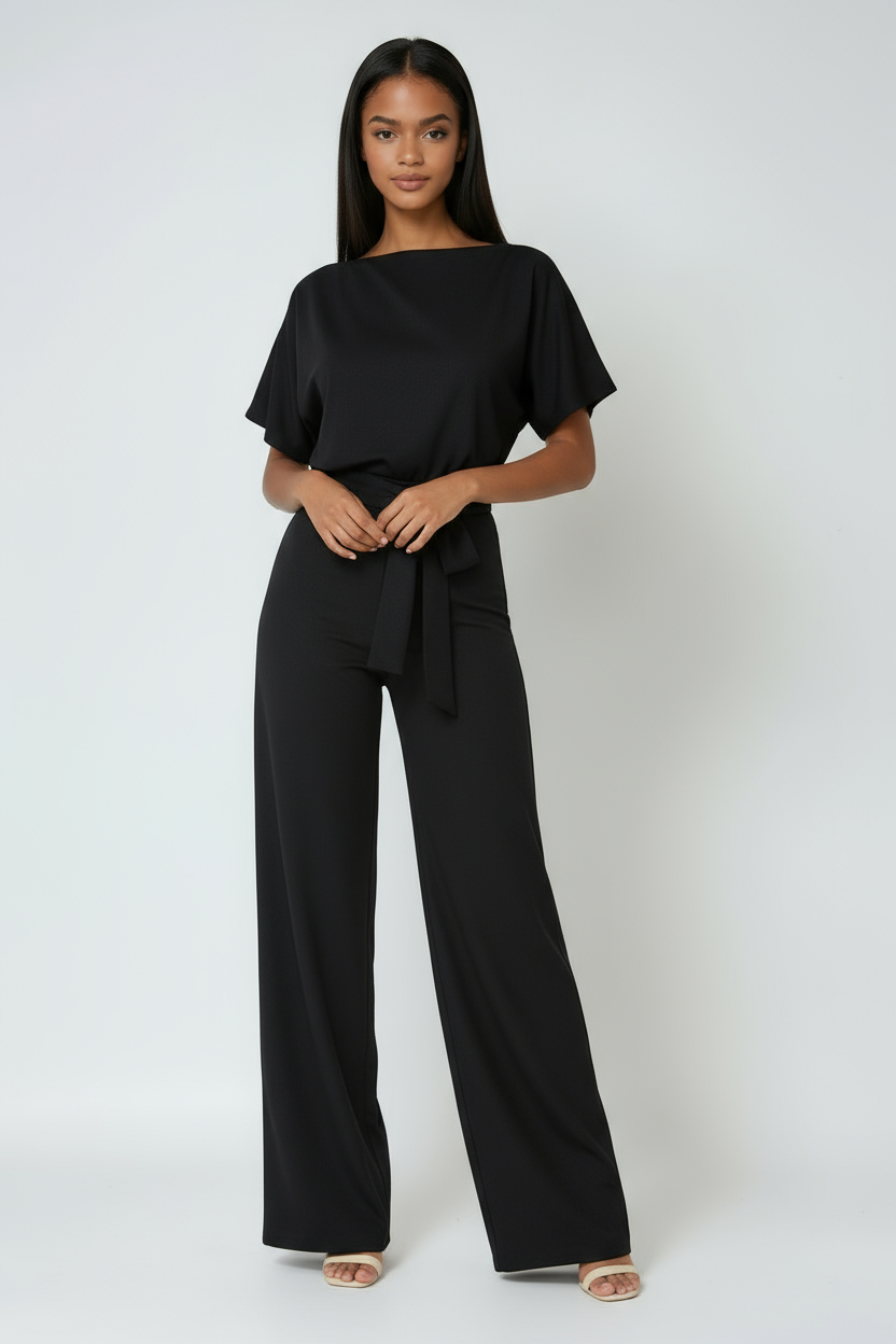 Women's wide-leg waist-tie jumpsuit in black, short sleeves and wide-leg trousers