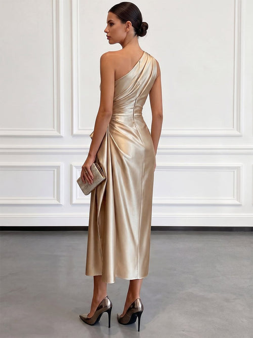 One-shoulder ruched midi dress in gold satin with draped side wrap