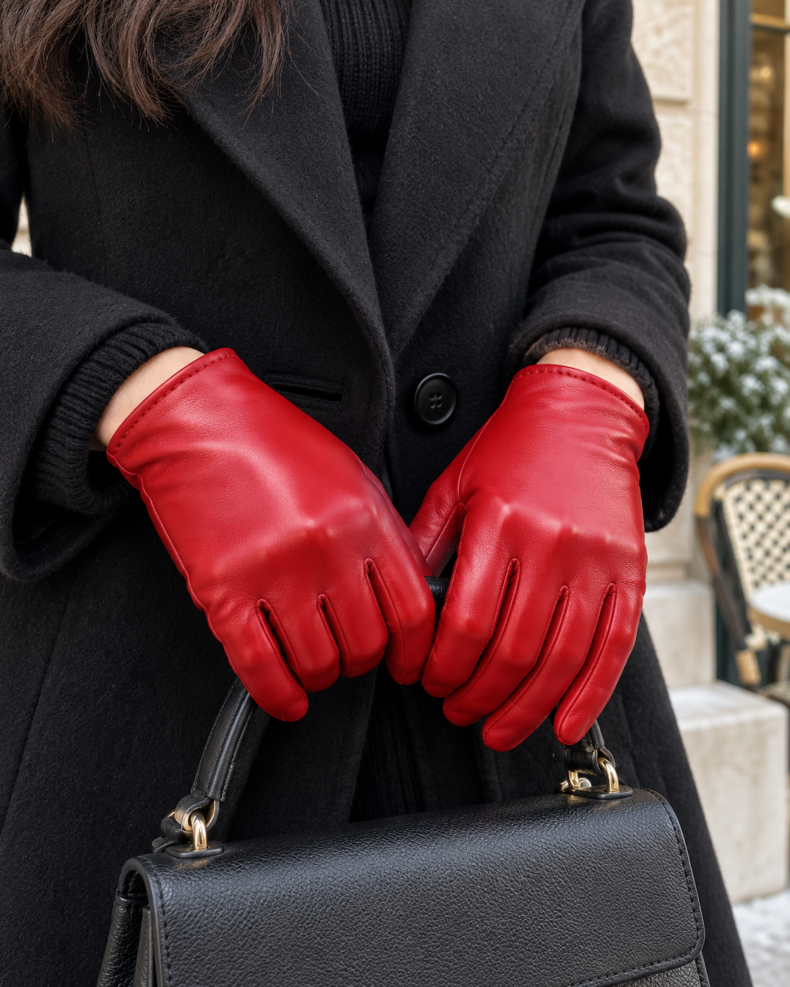 Red leather winter gloves with five stitched fingers and sleek, glossy finish